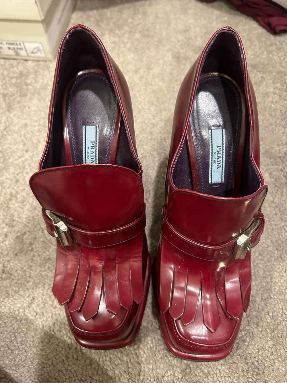 Prada Red Leather Fringe Mules with Silver Buckle Detail